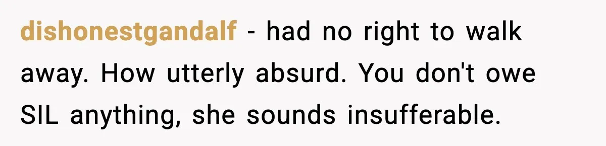 dishonestgandalf - had no right to walk away. How utterly absurd. You don't owe SIL anything, she sounds insufferable.