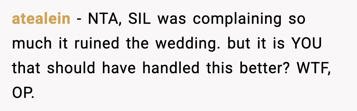 atealein - NTA, SIL was complaining so much it ruined the wedding. but it is YOU that should have handled this better? WTF, OP.
