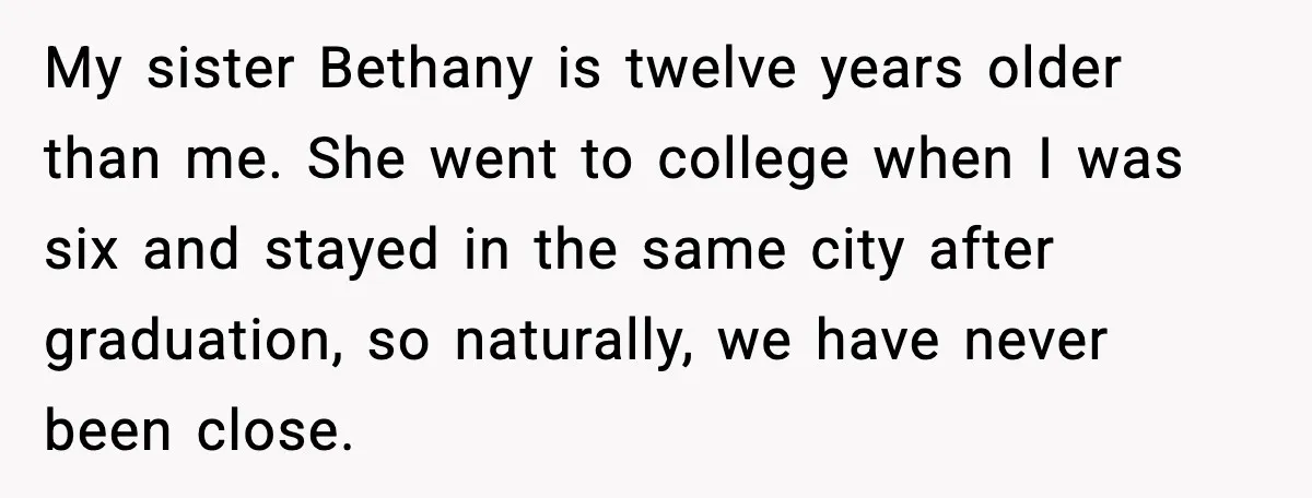My sister Bethany is twelve years older than me. She went to college when I was six and stayed in the same city after graduation, so naturally, we have never...