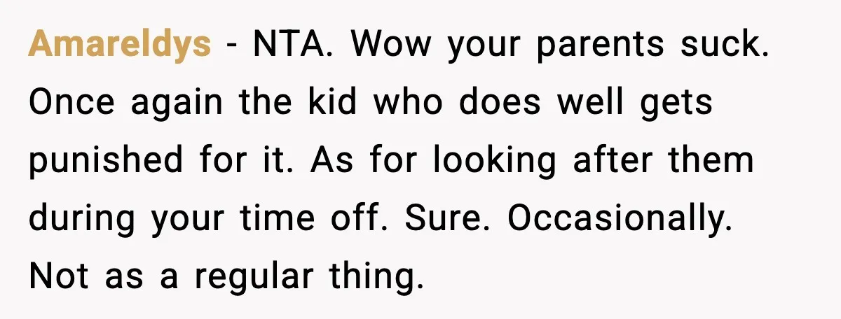 Amareldys - NTA. Wow your parents suck. Once again the kid who does well gets punished for it. As for looking after them during your time off. Sure. Occasionally. Not...