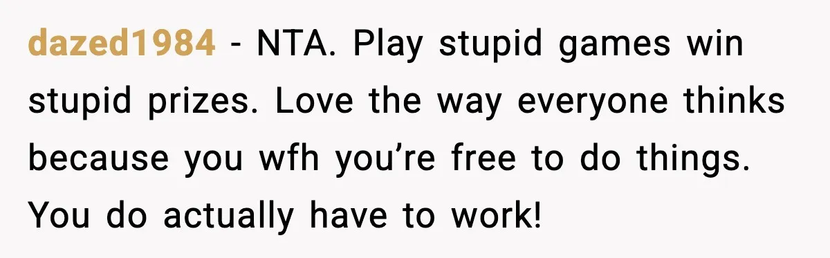 dazed1984 - NTA. Play stupid games win stupid prizes. Love the way everyone thinks because you wfh you’re free to do things. You do actually have to work!