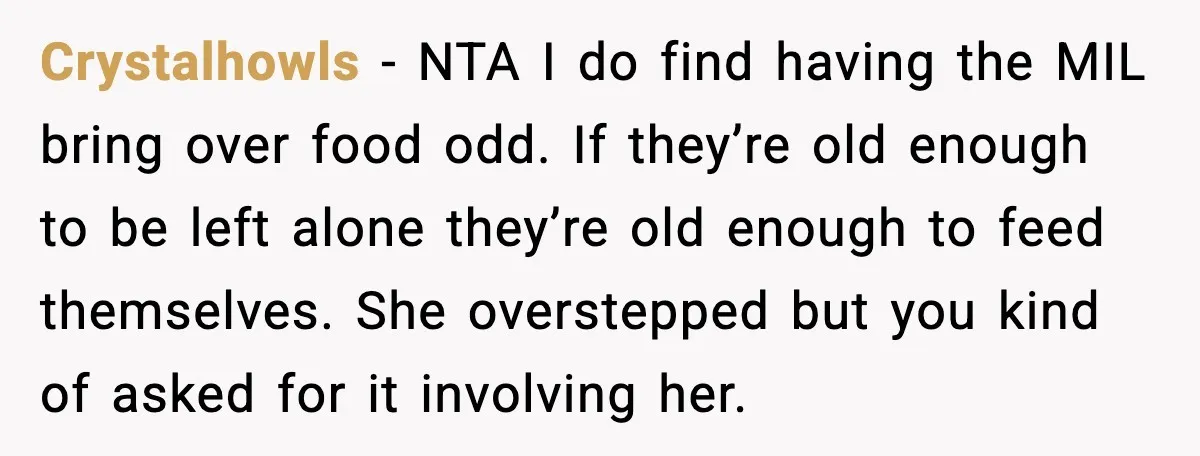 Crystalhowls - NTA I do find having the MIL bring over food odd. If they’re old enough to be left alone they’re old enough to feed themselves. She overstepped but...
