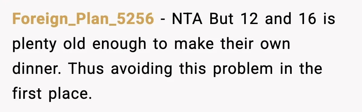 Foreign_Plan_5256 - NTA But 12 and 16 is plenty old enough to make their own dinner. Thus avoiding this problem in the first place.