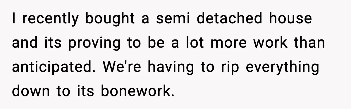 I recently bought a semi detached house and its proving to be a lot more work than anticipated. We're having to rip everything down to its bonework.