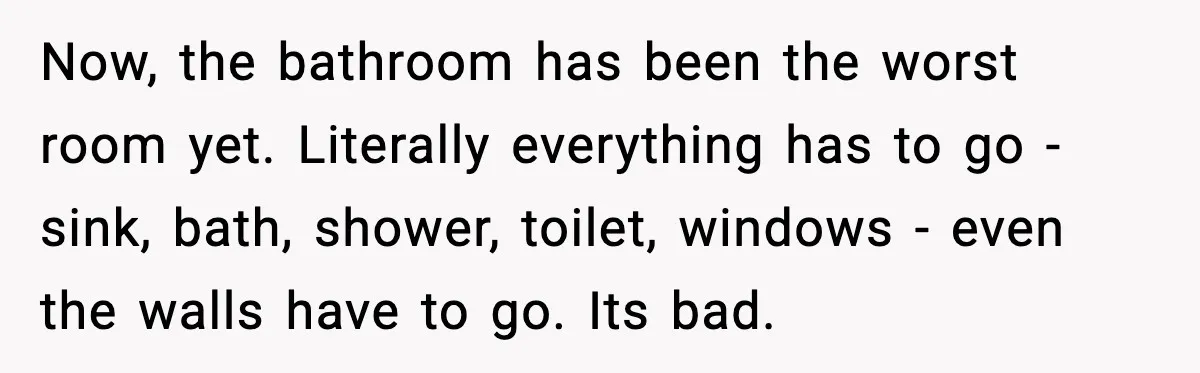 Now, the bathroom has been the worst room yet. Literally everything has to go - sink, bath, shower, toilet, windows - even the walls have to go. Its bad.