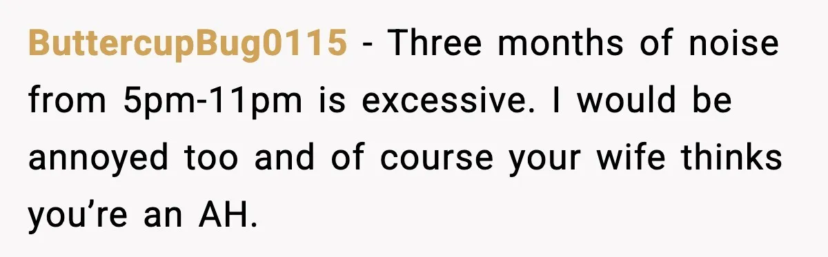 ButtercupBug0115 - Three months of noise from 5pm-11pm is excessive. I would be annoyed too and of course your wife thinks you’re an AH.