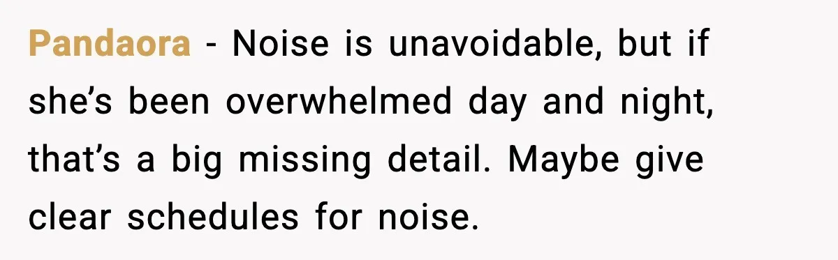 Pandaora - Noise is unavoidable, but if she’s been overwhelmed day and night, that’s a big missing detail. Maybe give clear schedules for noise.