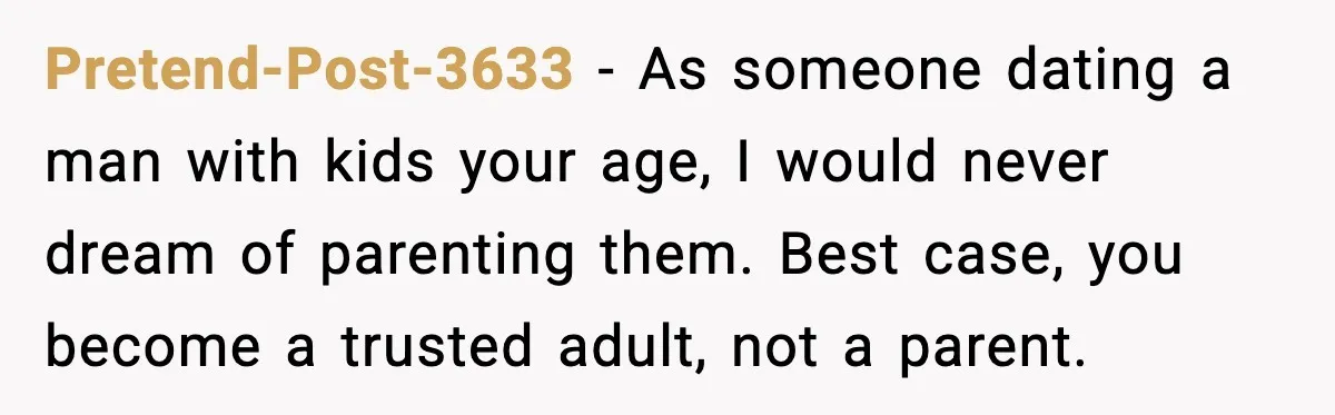 Pretend-Post-3633 - As someone dating a man with kids your age, I would never dream of parenting them. Best case, you become a trusted adult, not a parent.