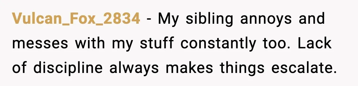 Vulcan_Fox_2834 - My sibling annoys and messes with my stuff constantly too. Lack of discipline always makes things escalate.