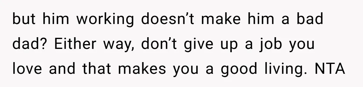 but him working doesn’t make him a bad dad? Either way, don’t give up a job you love and that makes you a good living. NTA