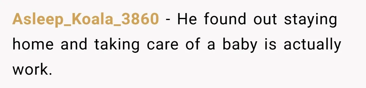Asleep_Koala_3860 − He found out staying home and taking care of a baby is actually work.
