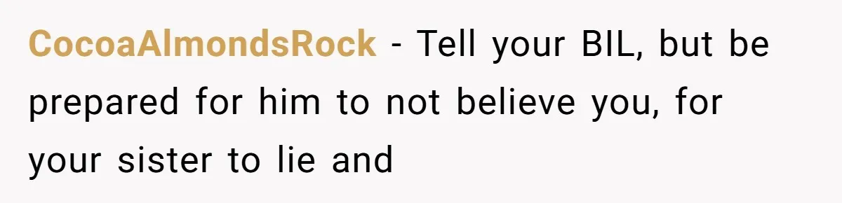 CocoaAlmondsRock − Tell your BIL, but be prepared for him to not believe you, for your sister to lie and