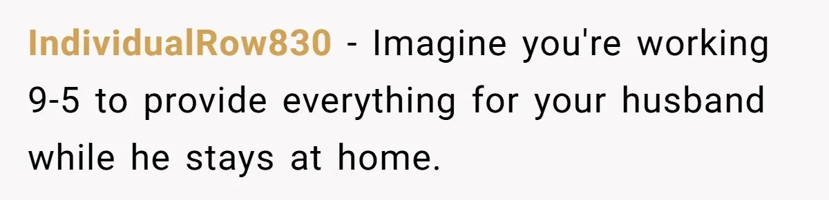 IndividualRow830 − Imagine you're working 9-5 to provide everything for your husband while he stays at home.