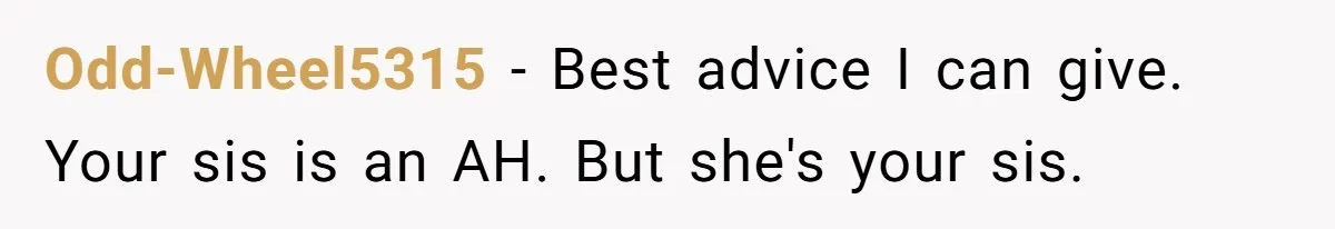Odd-Wheel5315 − Best advice I can give. Your sis is an AH. But she's your sis.