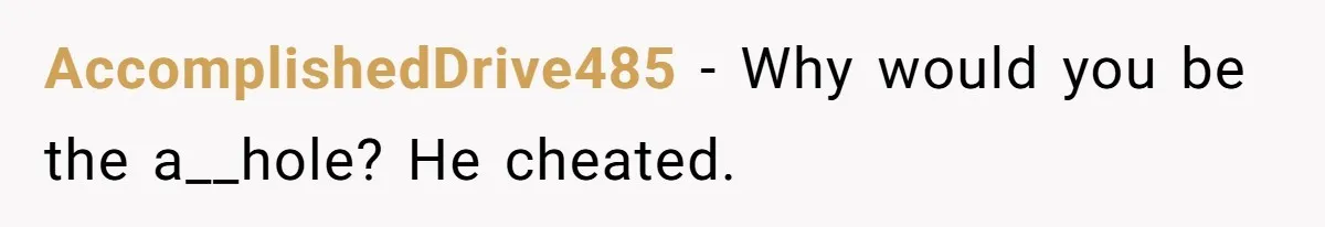 AccomplishedDrive485 − Why would you be the a__hole? He cheated.