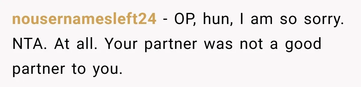 nousernamesleft24 − OP, hun, I am so sorry. NTA. At all. Your partner was not a good partner to you.