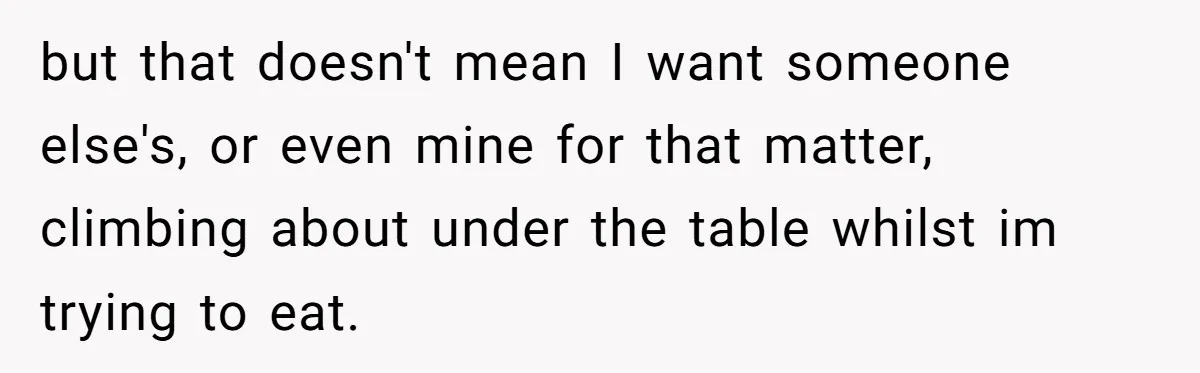 but that doesn't mean I want someone else's, or even mine for that matter, climbing about under the table whilst im trying to eat.