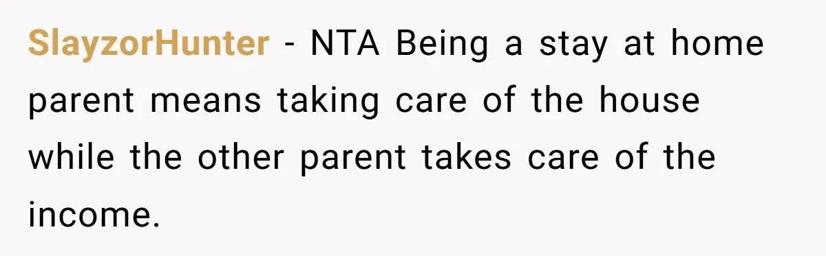 Wife Wants To Quit Her Job, Husband Says Fine But She Must Cover All The Chores SlayzorHunter − NTA Being a stay at home parent means taking care of the house while the other parent takes care of the income.