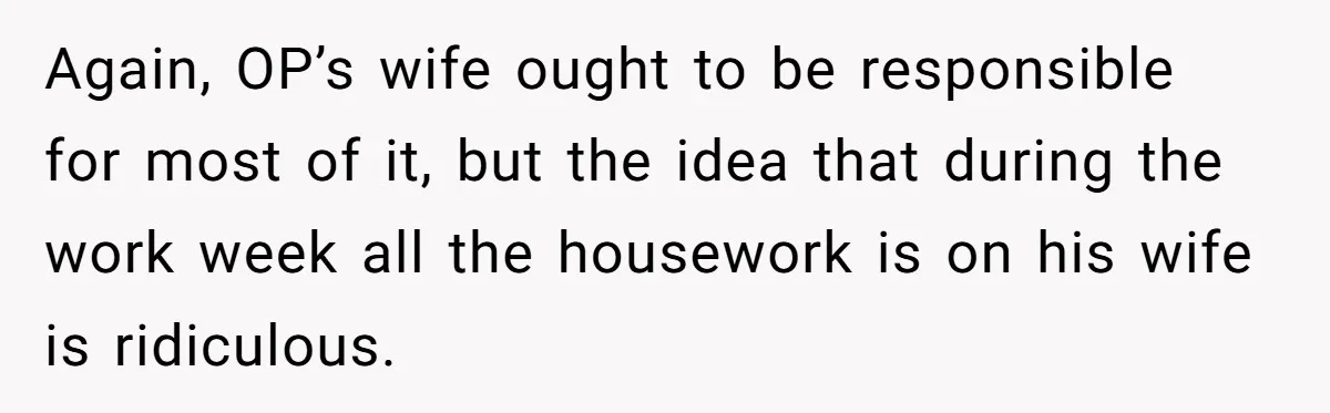 Wife Wants To Quit Her Job, Husband Says Fine But She Must Cover All The Chores Again, OP’s wife ought to be responsible for most of it, but the idea that during the work week all the housework is on his wife is ridiculous.