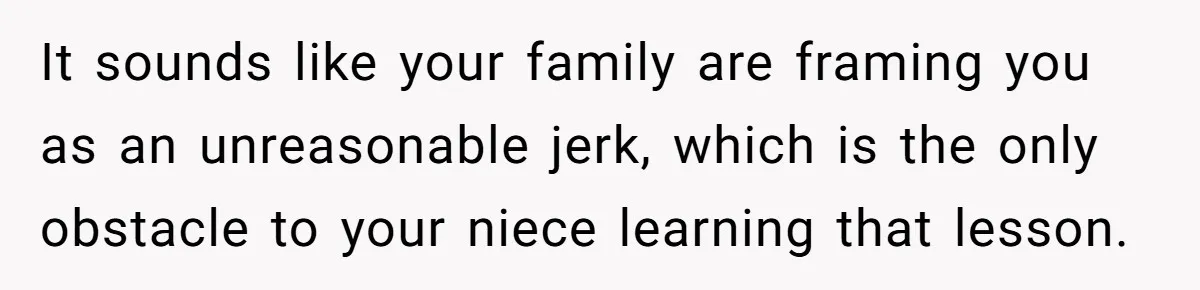 It sounds like your family are framing you as an unreasonable jerk, which is the only obstacle to your niece learning that lesson.