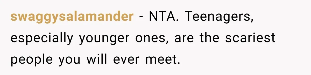 swaggysalamander − NTA. Teenagers, especially younger ones, are the scariest people you will ever meet.