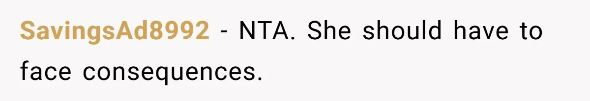 SavingsAd8992 − NTA. She should have to face consequences.