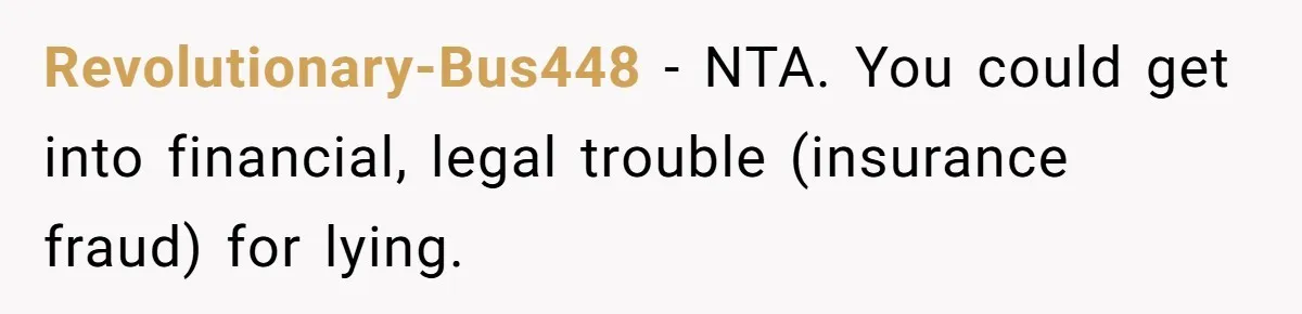 Revolutionary-Bus448 − NTA. You could get into financial, legal trouble (insurance fraud) for lying.