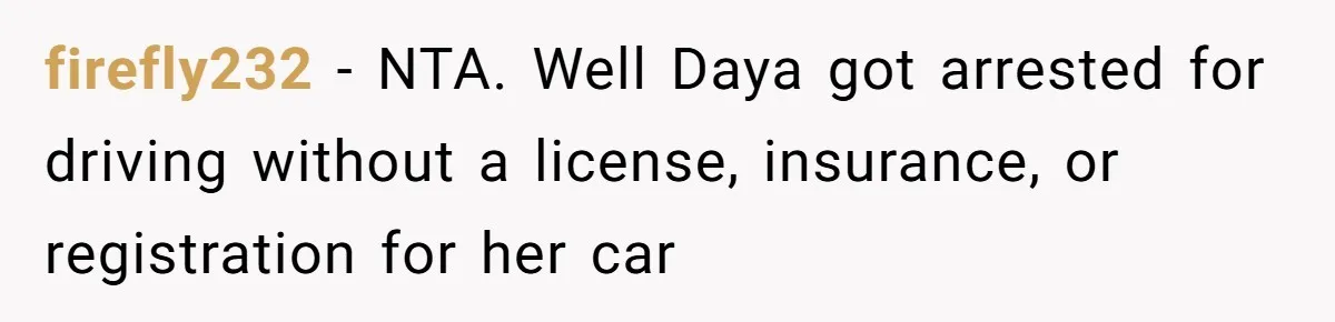 firefly232 − NTA. Well Daya got arrested for driving without a license, insurance, or registration for her car