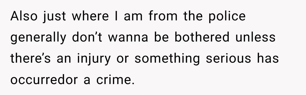 Also just where I am from the police generally don’t wanna be bothered unless there’s an injury or something serious has occurredor a crime.