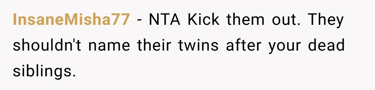 Daughter Kicks Out Her Dad After He Tries To Name His Unborn Twins After Her Deceased Siblings InsaneMisha77 − NTA Kick them out. They shouldn't name their twins after your dead siblings.