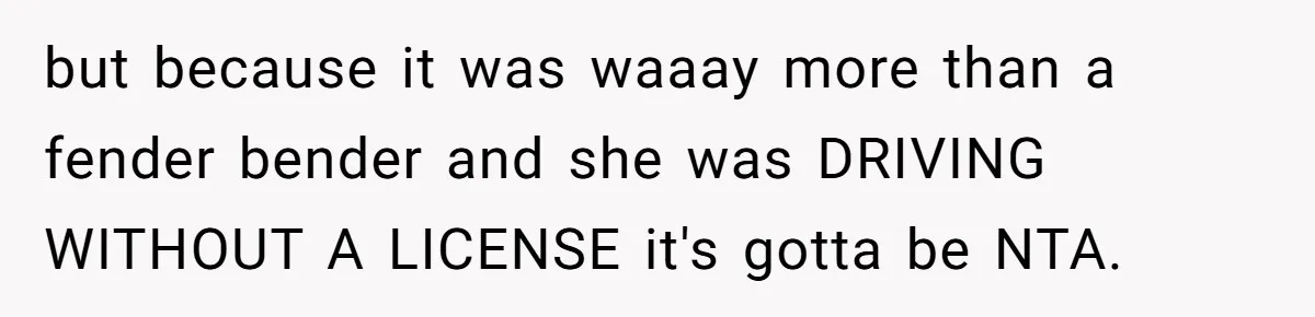 but because it was waaay more than a fender bender and she was DRIVING WITHOUT A LICENSE it's gotta be NTA.