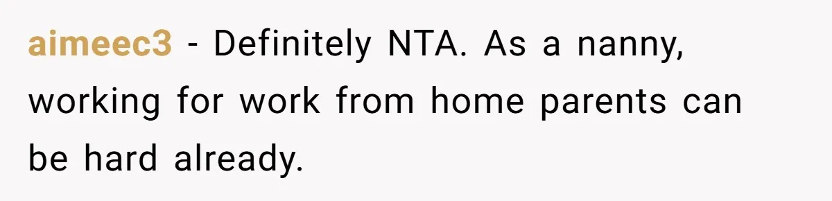 aimeec3 − Definitely NTA. As a nanny, working for work from home parents can be hard already.