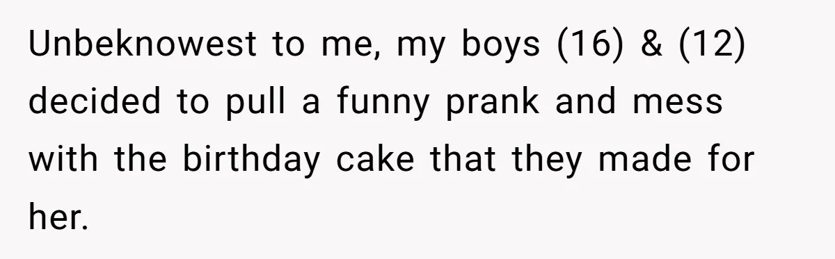 Unbeknowest to me, my boys (16) & (12) decided to pull a funny prank and mess with the birthday cake that they made for her.