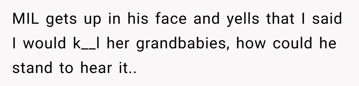 MIL gets up in his face and yells that I said I would k__l her grandbabies, how could he stand to hear it..