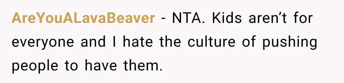 AreYouALavaBeaver − NTA. Kids aren’t for everyone and I hate the culture of pushing people to have them.