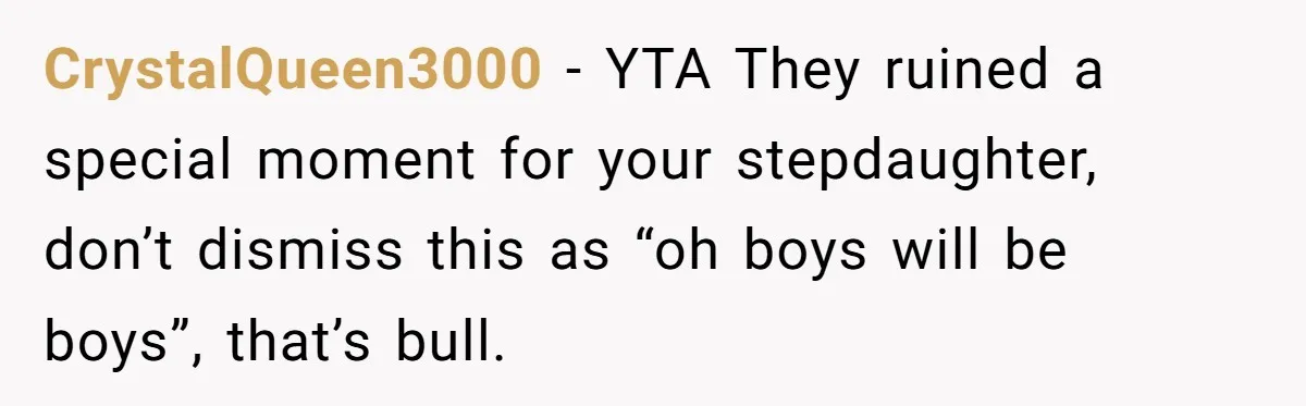 CrystalQueen3000 − YTA They ruined a special moment for your stepdaughter, don’t dismiss this as “oh boys will be boys”, that’s bull.