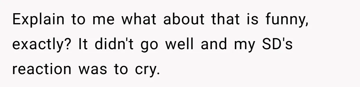 Explain to me what about that is funny, exactly? It didn't go well and my SD's reaction was to cry.