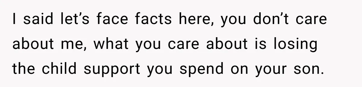 I said let’s face facts here, you don’t care about me, what you care about is losing the child support you spend on your son.