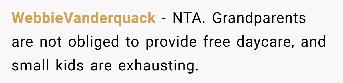WebbieVanderquack − NTA. Grandparents are not obliged to provide free daycare, and small kids are exhausting.