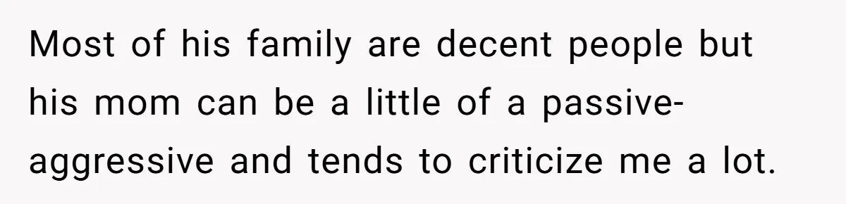 Most of his family are decent people but his mom can be a little of a passive-aggressive and tends to criticize me a lot.