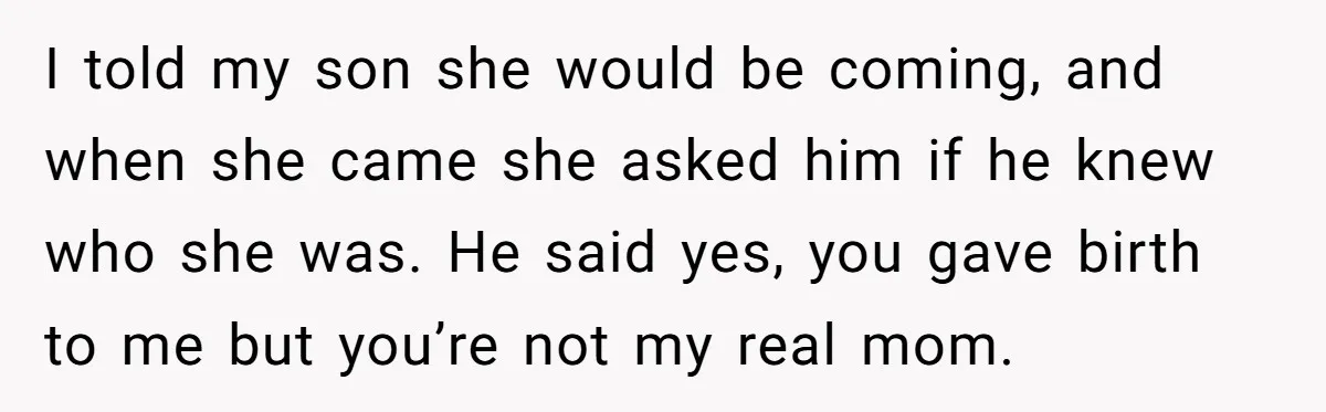 I told my son she would be coming, and when she came she asked him if he knew who she was. He said yes, you gave birth to me but...