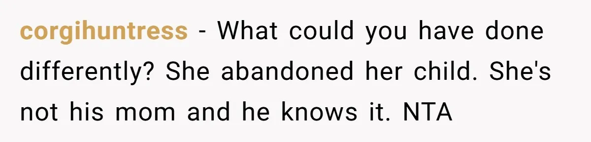 corgihuntress − What could you have done differently? She abandoned her child. She's not his mom and he knows it. NTA