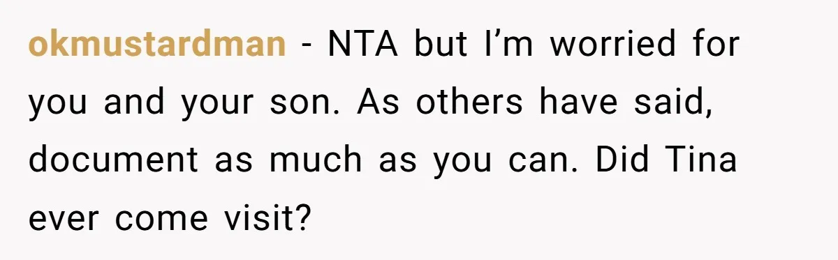 okmustardman − NTA but I’m worried for you and your son. As others have said, document as much as you can. Did Tina ever come visit?