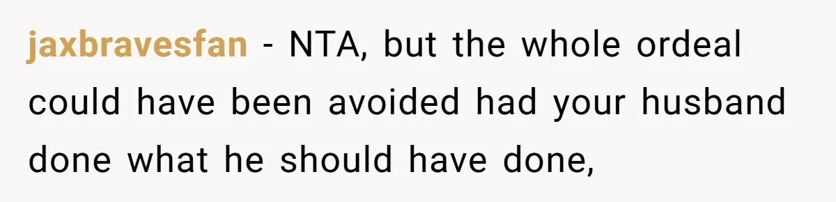 jaxbravesfan − NTA, but the whole ordeal could have been avoided had your husband done what he should have done,