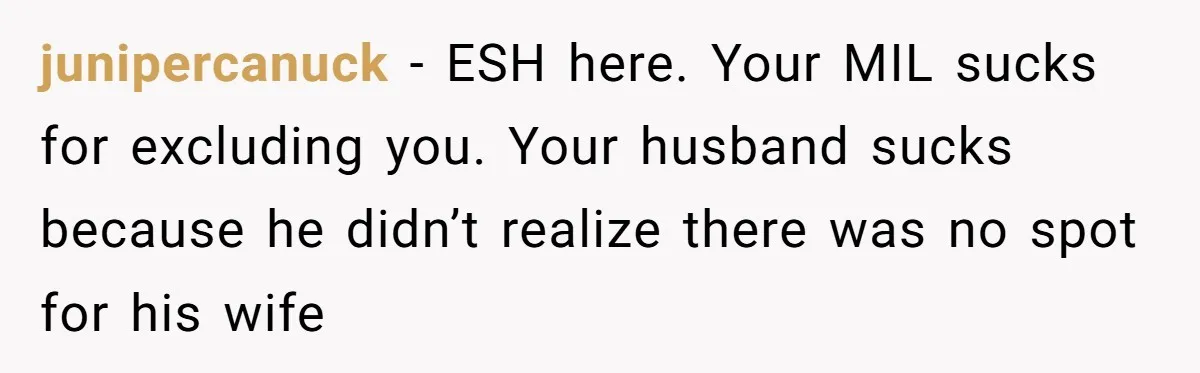 junipercanuck − ESH here. Your MIL sucks for excluding you. Your husband sucks because he didn’t realize there was no spot for his wife