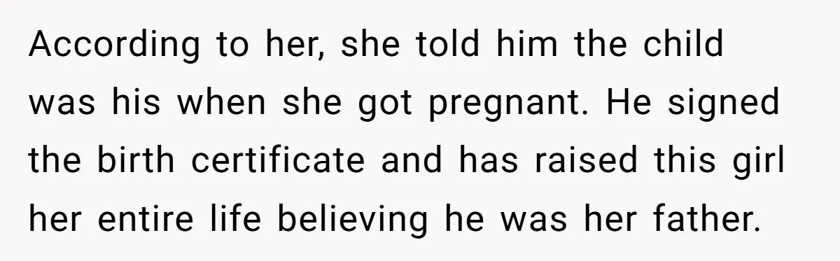 According to her, she told him the child was his when she got pregnant. He signed the birth certificate and has raised this girl her entire life believing he was...