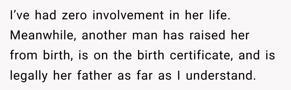 I’ve had zero involvement in her life. Meanwhile, another man has raised her from birth, is on the birth certificate, and is legally her father as far as I understand.