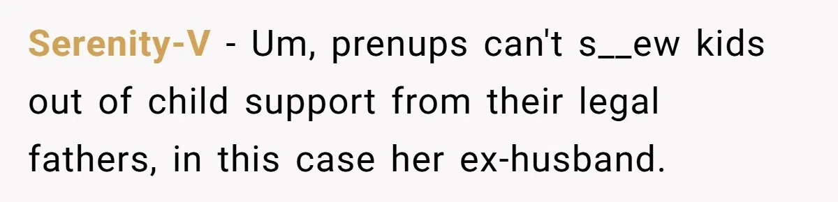 Serenity-V − Um, prenups can't s__ew kids out of child support from their legal fathers, in this case her ex-husband.
