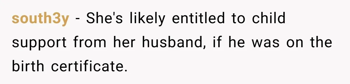 south3y − She's likely entitled to child support from her husband, if he was on the birth certificate.