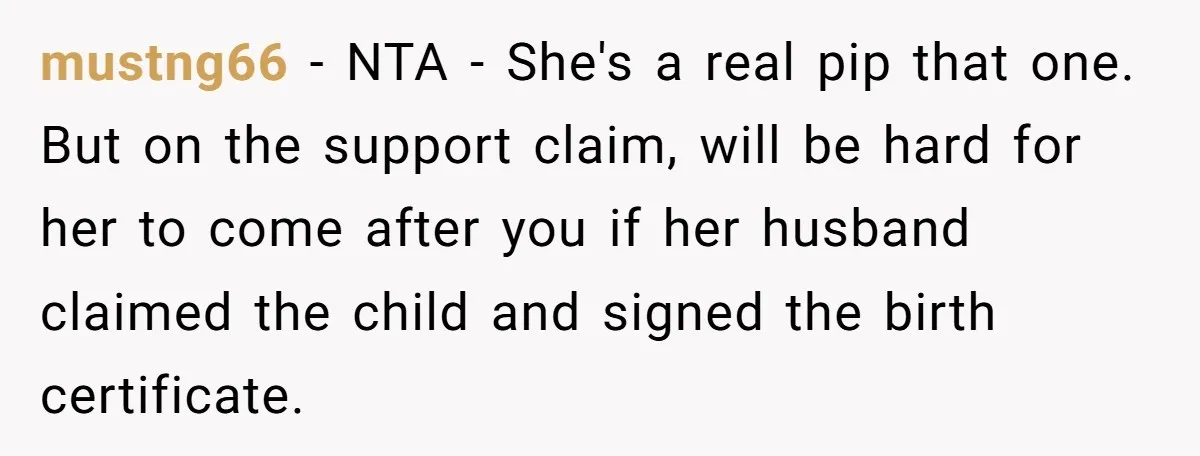 mustng66 − NTA - She's a real pip that one. But on the support claim, will be hard for her to come after you if her husband claimed the child...